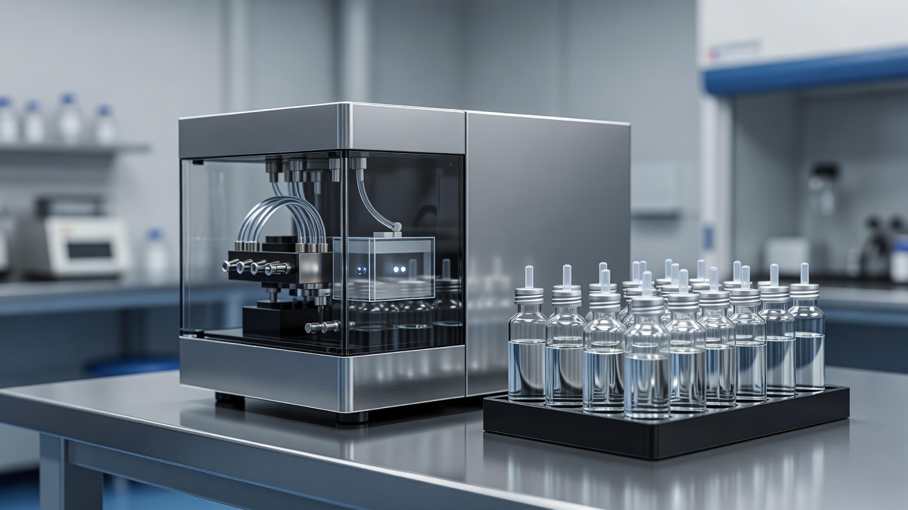 Analytical laboratory instrument beside labeled vials prepared for testing