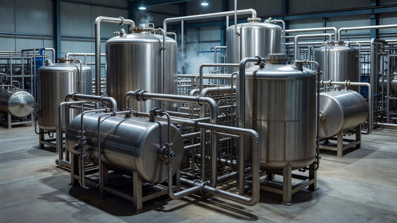 Stainless steel process vessels and pipework in an industrial production area