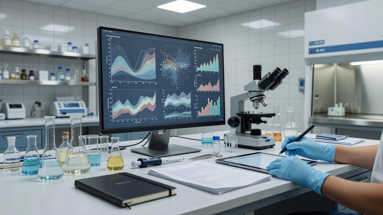 Laboratory workstation used for reviewing analytical information and associated records