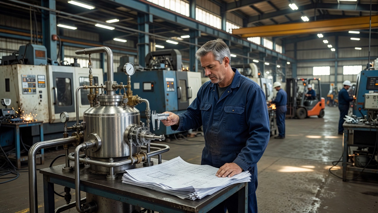 Engineer reviewing process equipment and technical documentation in an industrial workspace