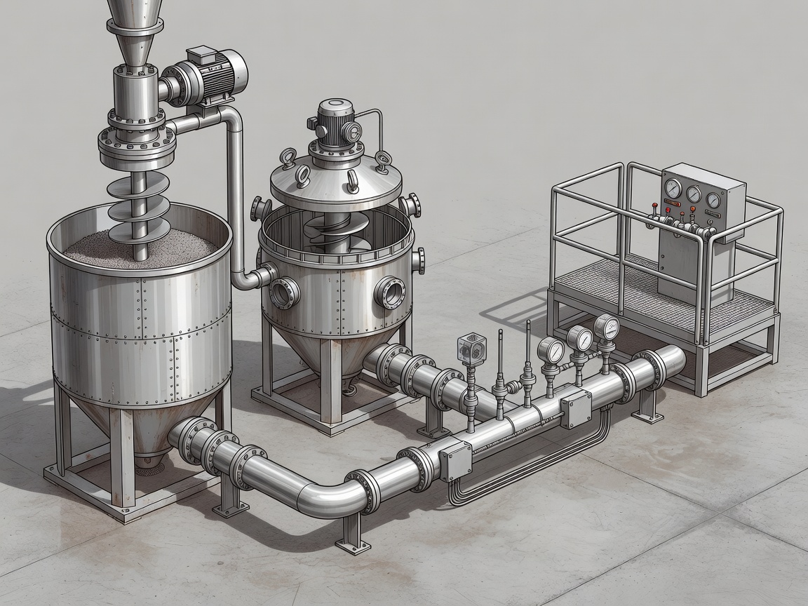 Illustrated charging vessel, stirred tank and transfer line connected to sensors and an operator checkpoint