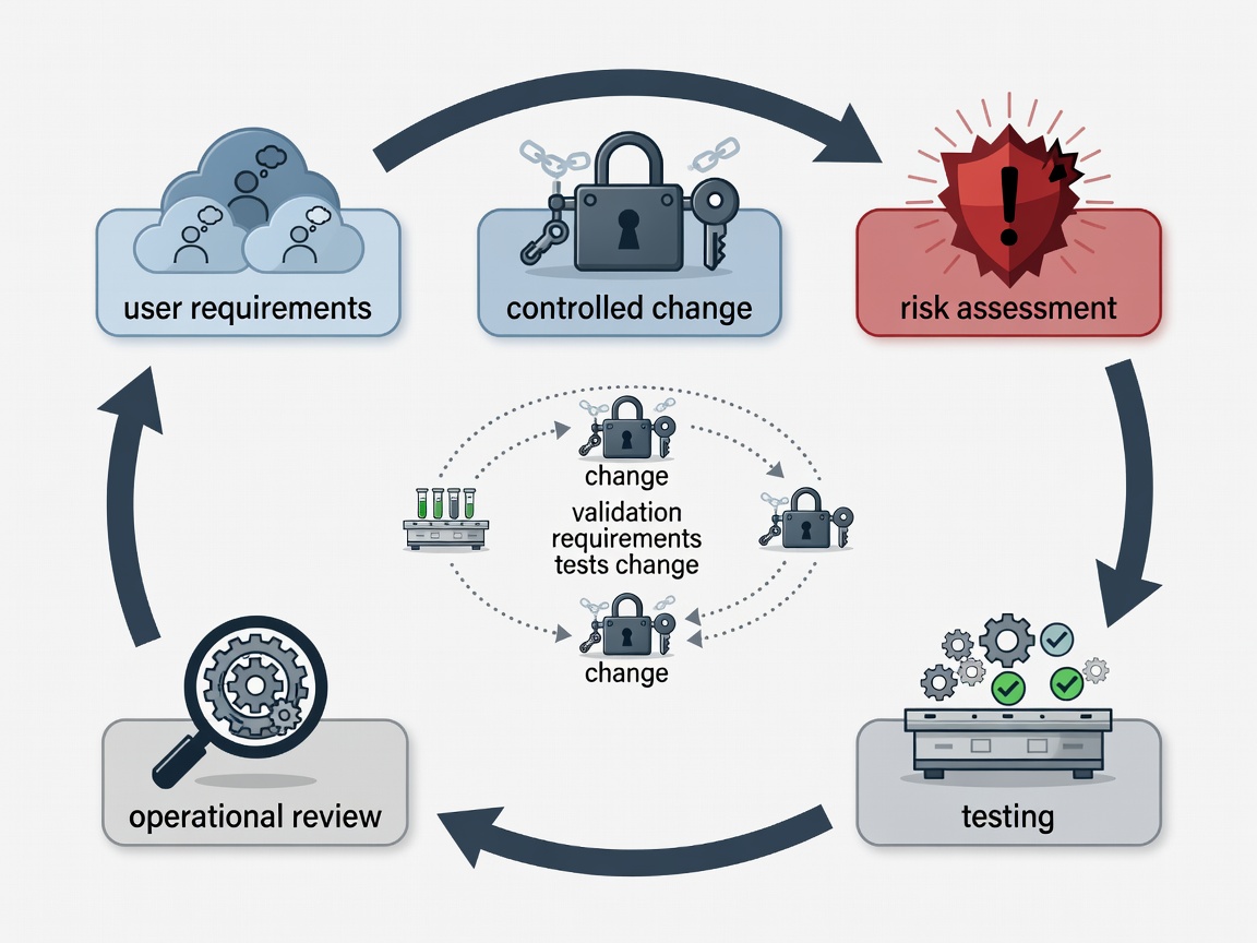 Illustrated lifecycle linking user requirements, risk assessment, testing, operational review and controlled change
